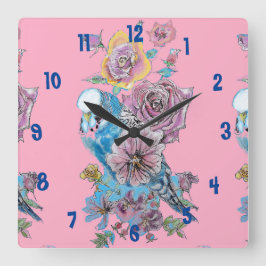Blue Budgie Watercolor Pink Frauen Bürouhr Quadratische Wanduhr