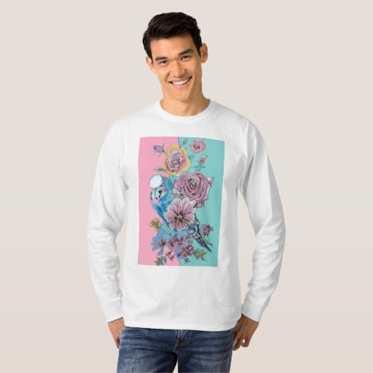 Blue Budgie Watercolor Rote Rosen Blumenstrauß T-Shirt (Vorne ganz)