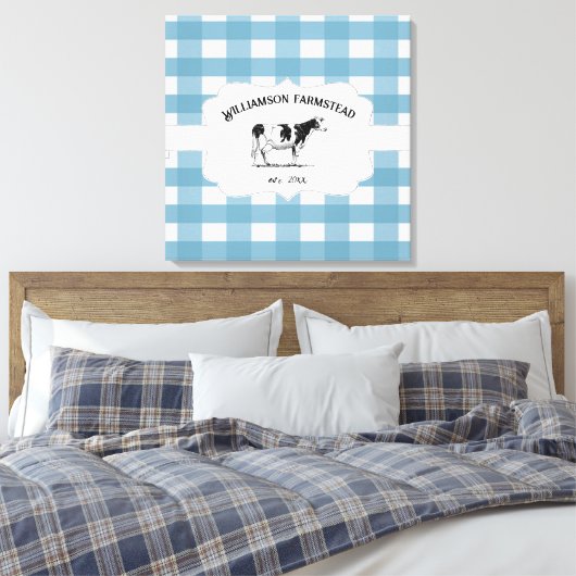 Blue Buffalo Kariert Farm Cow Canvas Print Leinwanddruck (Insitu (Schlafzimmer))