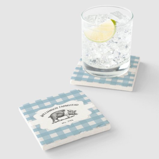 Blue Buffalo Kariert Farm Pig Stone Untersetzer (Seitenansicht)