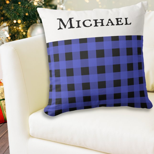 Blue Buffalo Kariert Rustikaler Karo Gemustert Kissen (A stylish personalized throw pillow cushion, with blue buffalo plaid check pattern)
