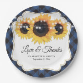 Blue Buffalo Karierte Sonnenblumenblume Hochzeit Pappteller (Vorderseite)