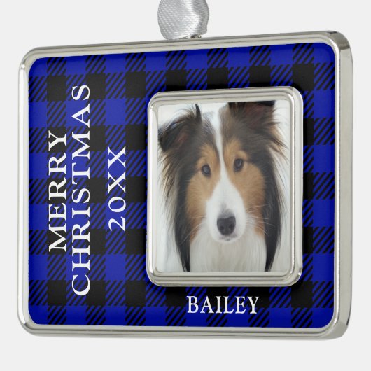 Blue Buffalo Karo Dog Foto Personalisiert Rahmen-Ornament Silber (Links)