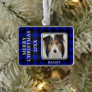 Blue Buffalo Karo Hund Foto Personalisiert Rahmen-Ornament Silber