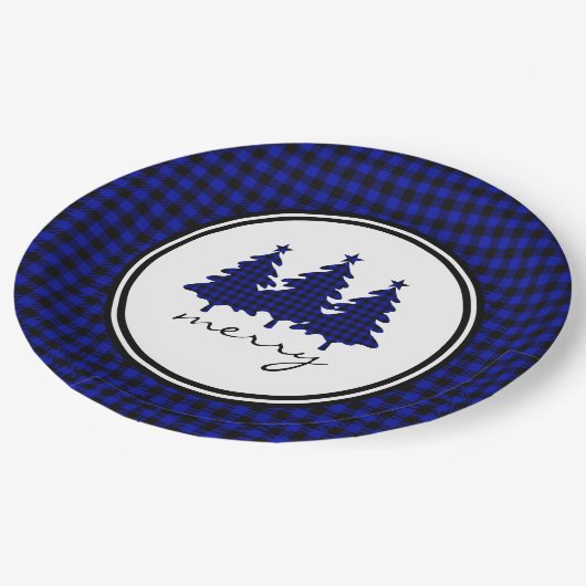 Blue Buffalo Karo Pine Trees Paper Plate Pappteller (Schrägansicht)