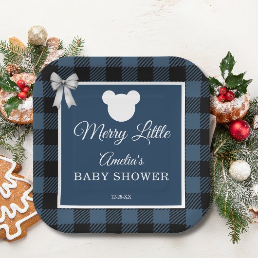 Blue Buffalo Plaid Bear Baby Shower Paper Plates Pappteller