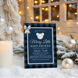Blue Buffalo Plaid Merry Little Bear Baby Shower Einladung