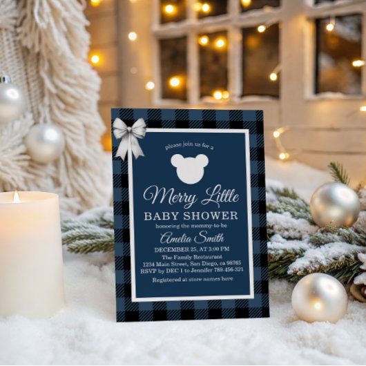 Blue Buffalo Plaid Merry Little Bear Baby Shower Einladung