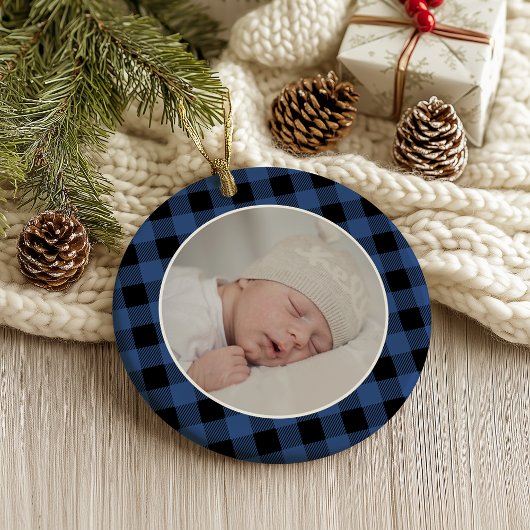 BLUE BUFFALO PLAID NAME Photo Christmas Keepsake Ornament