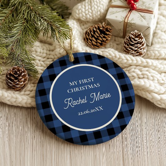 BLUE BUFFALO PLAID NAME Photo Christmas Keepsake Ornament
