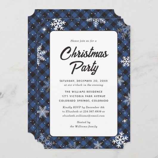 Blue Buffalo Plaid Snowflake Christmas Party Einladung (Vorne/Hinten)