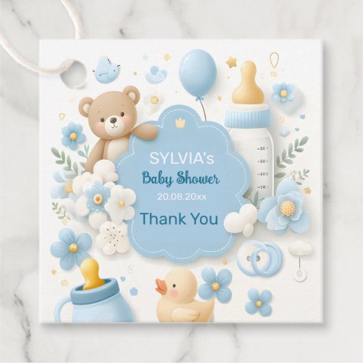 Blue Bundle Joy: Teddy Bear Baby Boy Shower Geschenkanhänger (Vorderseite)