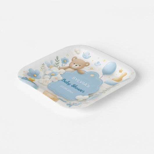 Blue Bundle Joy: Teddy Bear Baby Boy Shower Pappteller (Gewinkelt)