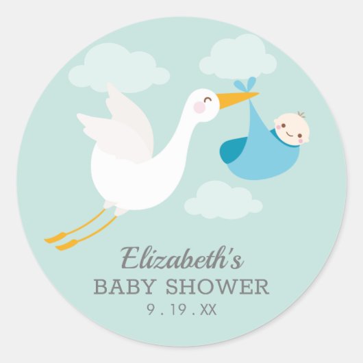 Blue Bundle Stork Boy Baby Dusche Runder Aufkleber (Vorderseite)