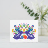 Blue 🐰 Bunnies mit Folklore-Blume mit benutzerdef Postkarte (Stehend Vorderseite)