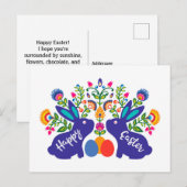 Blue 🐰 Bunnies mit Folklore-Blume mit benutzerdef Postkarte (Vorne/Hinten)