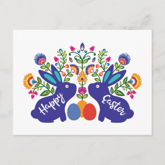 Blue 🐰 Bunnies mit Folklore-Blume mit benutzerdef Postkarte (Vorderseite)
