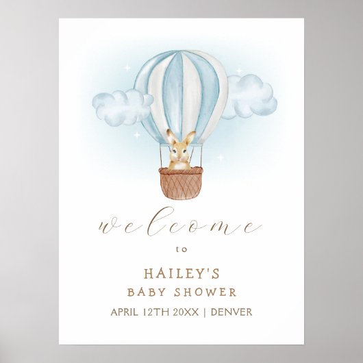Blue Bunny Air Balloon Baby Dusche Willkommen Poster (Vorne)
