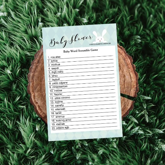 Blue Bunny Baby Dusche Word Scramble Game Card Einladung
