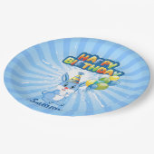 Blue Bunny Birthday Cartoon Pappteller (Schrägansicht)