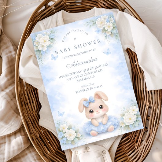 Blue Bunny Blumen-Babyshower Einladung