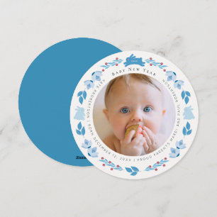 Blue Bunny Folk Art Baby New Year Foto Card Feiertagskarte