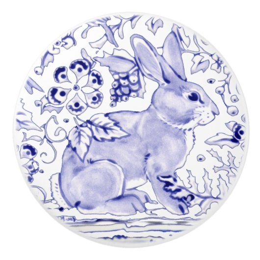 Blue Bunny Rabbit Floral Delft Dedham Keramik Pull Keramikknauf (Vorderseite)