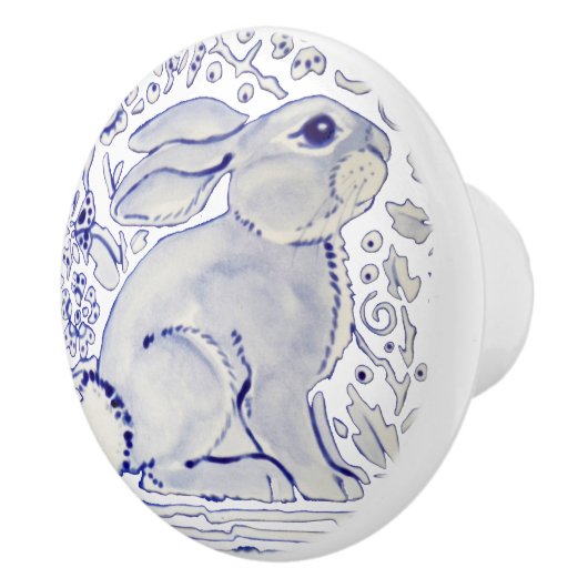 Blue Bunny Rabbit Floral Delft Dedham Keramik Pull Keramikknauf (Rechts)