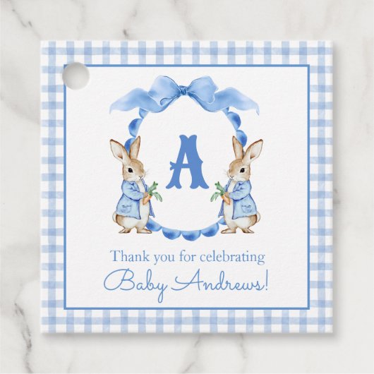 Blue Bunny Rabbit Gingham Monogram Wappen Geschenkanhänger (Vorderseite)
