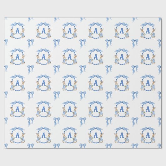 Blue Bunny Rabbit Gingham Monogram Wappen Geschenkpapier (Flach)