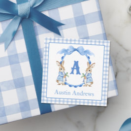Blue Bunny Rabbit Gingham Monogram Wappen Mitteilungskarte