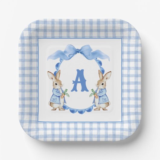 Blue Bunny Rabbit Gingham Monogram Wappen Pappteller (Vorderseite)