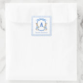 Blue Bunny Rabbit Gingham Monogram Wappen Quadratischer Aufkleber (Tasche)