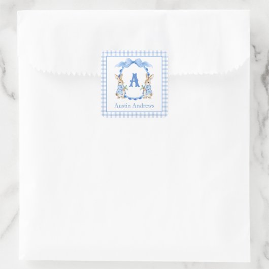 Blue Bunny Rabbit Gingham Monogram Wappen Quadratischer Aufkleber (Tasche)