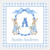 Blue Bunny Rabbit Gingham Monogram Wappen Quadratischer Aufkleber (Vorderseite)