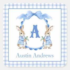 Blue Bunny Rabbit Gingham Monogram Wappen Quadratischer Aufkleber