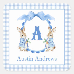Blue Bunny Rabbit Gingham Monogram Wappen Quadratischer Aufkleber