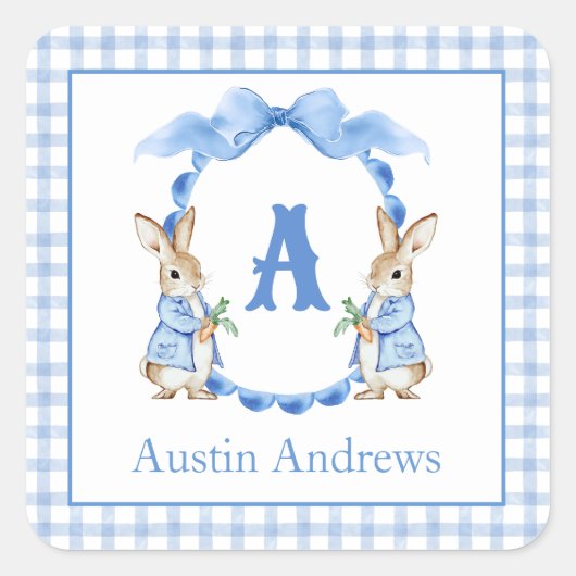 Blue Bunny Rabbit Gingham Monogram Wappen Quadratischer Aufkleber (Vorderseite)