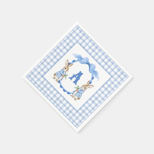 Blue Bunny Rabbit Gingham Monogram Wappen Serviette (Ecke)