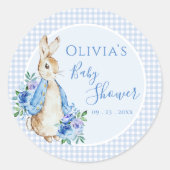 Blue Bunny Rabbit Gingham Watercolor Babydusche Runder Aufkleber (Vorderseite)