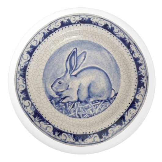 Blue Bunny Rabbit Plate Delft Dedham Keramik Pull Keramikknauf (Vorderseite)