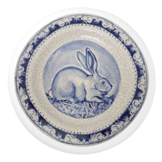 Blue Bunny Rabbit Plate Delft Dedham Keramik Pull Keramikknauf (Vorderseite)