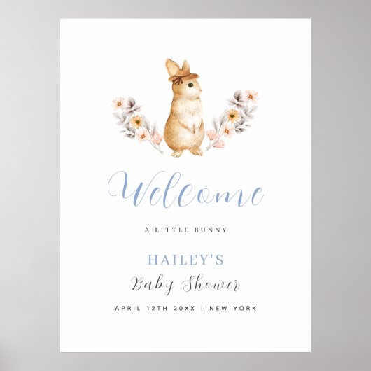 Blue Bunny Wildblume Welcome Baby Dusche Poster (Vorne)