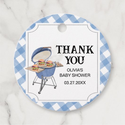 Blue Burger GRILLEN Baby Dusche Runde Geschenkanhänger (Vorderseite)