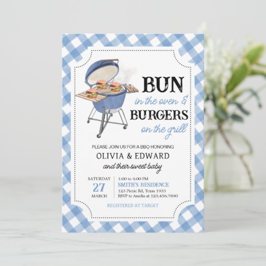 Blue Burger GRILLEN Baby Shower Einladung (Stehend Vorderseite)