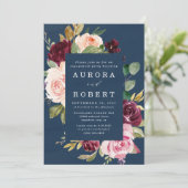 Blue-Burgund-Blush-Gold-Engagement-Partei Einladung (Stehend Vorderseite)