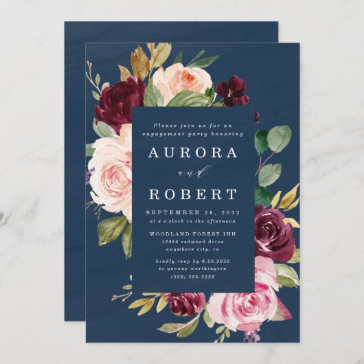 Blue-Burgund-Blush-Gold-Engagement-Partei Einladung (Vorne/Hinten)