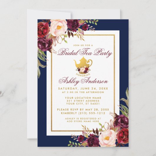 Blue Burgund Floral Gold Bridal Party Einladung (Vorderseite)