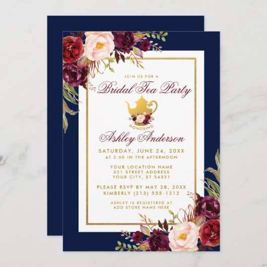 Blue Burgund Floral Gold Bridal Party Einladung (Vorne/Hinten)