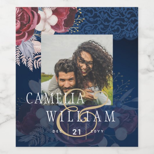 Blue Burgundy Blues Lace Wedding Weinetikett (Einzelnes Label)